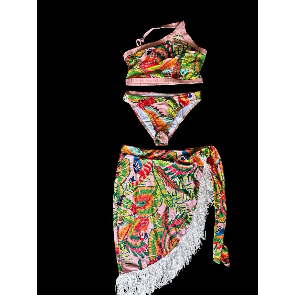 NWOT 3 Pc Tropical Parrot One Shoulder Bikini Fringed Bright Boho Sarong Set